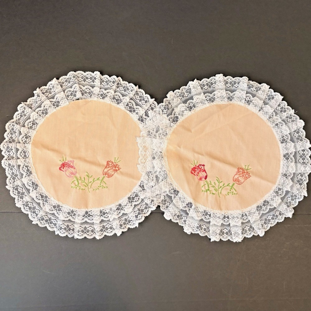 Vintage 14" Doilies Lace Floral Embroidered Peach Set of Two Round